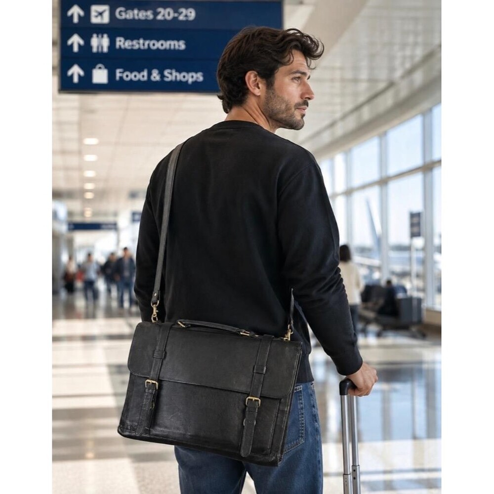 Wilson's Leather Messenger Bag Black Leather Briefcase Crossbody Satchel